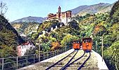 Standseilbahn Funicolare Locarno Madonna del Sasso Orselina - vor vielen Jahren bei der Ausweiche - im Hintergrund die bekannte Wallfahrtskirche Madonna del Sasso