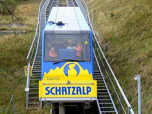 Wagen der Standseilbahn Davos Schatzalp von der Brücke aus