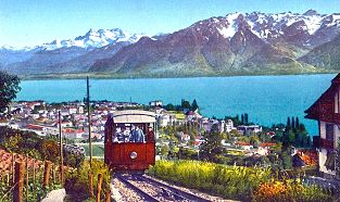 Funiculaire Vevey Mont Pèlerin - historisches Foto der bekannten Standseilbahn auf den Mont Pelerin bei Vevey - Foto Archiv standseilbahnen.ch