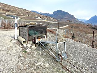 In Molignon bei Sion fährt dieser Material-Schrägaufzug in einem Weinberg - Foto Markus Seitz Archiv standseilbahnen.ch