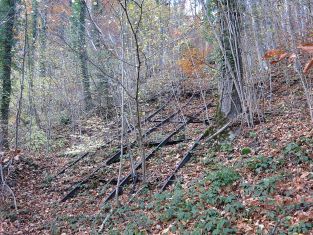 Schienen vom Bremsberg - einer Standseilbahn für Material - im Wald unterhalb vom Steinbruch Wilen Sarnen - Foto Markus Seitz - Archiv standseilbahnen.ch